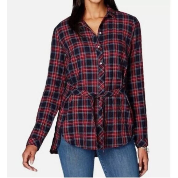 J Jill Top Womens Medium Black Multicolor Plaid Tie Front Button Front Preppy - Picture 1 of 10